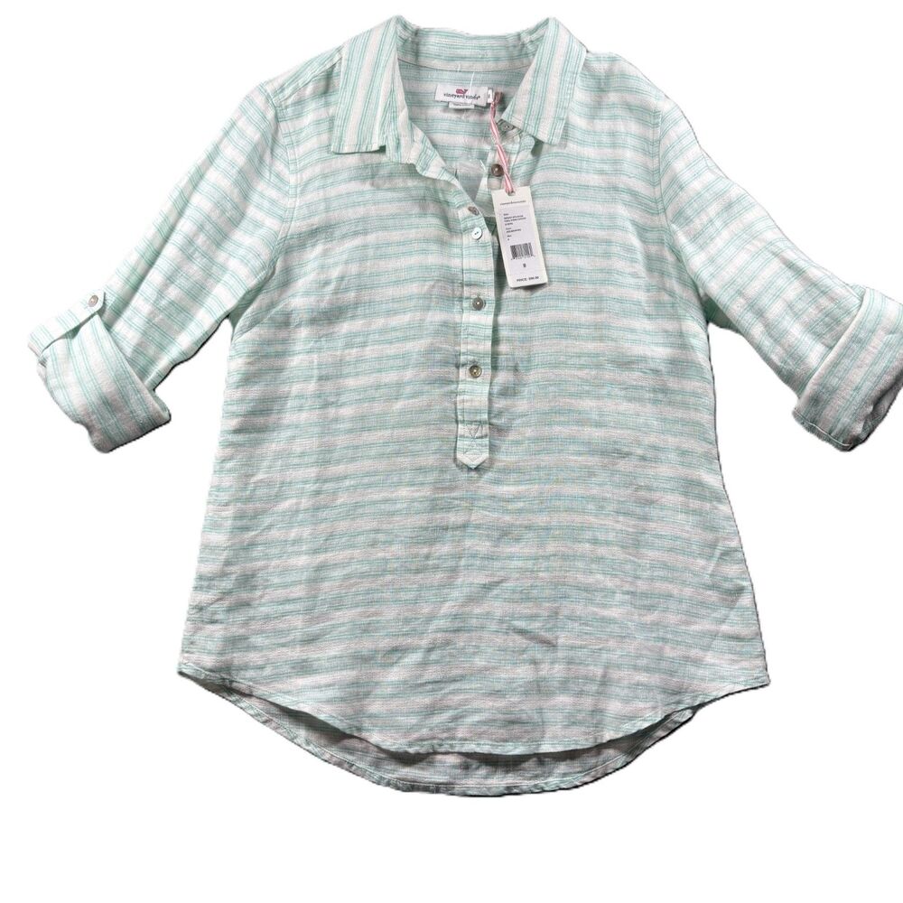 Vineyard Vines Women Top NEW Linen Popover Roll Sleeve Striped Aqua Size 8 P127